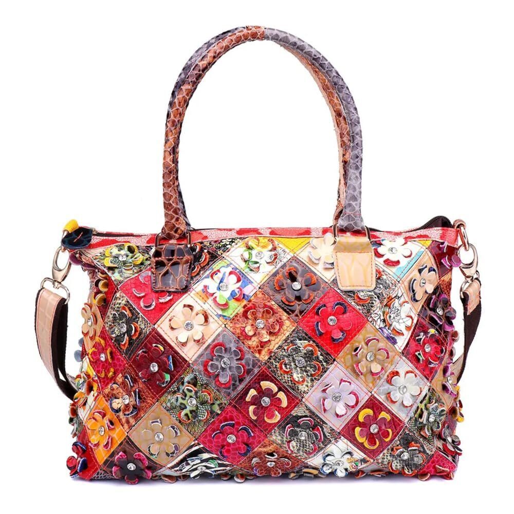 5820 Multicolor 3D Flowers Handbag and Purse Patent Leather Shoulder Boston